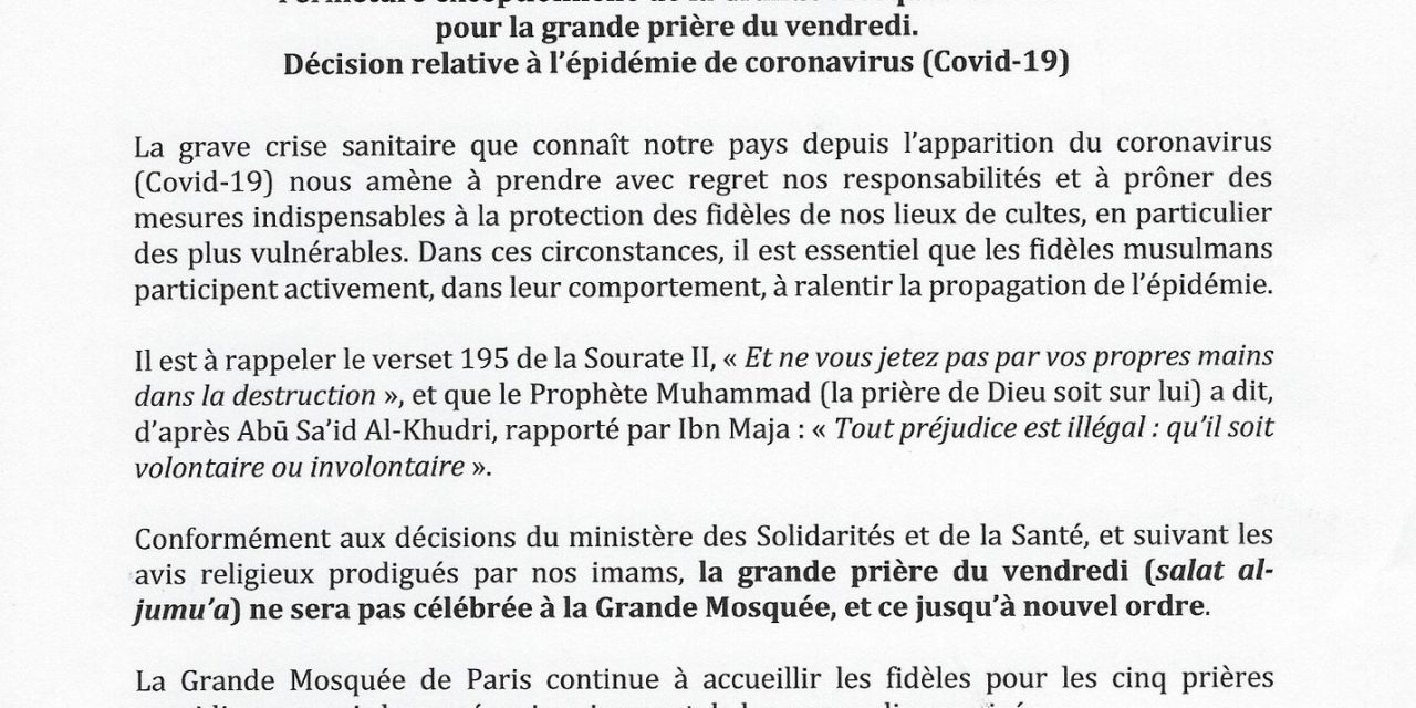 Coronavirus : La Grande Mosquée de Paris sera fermée ce vendredi jusqu’à nouvel ordre